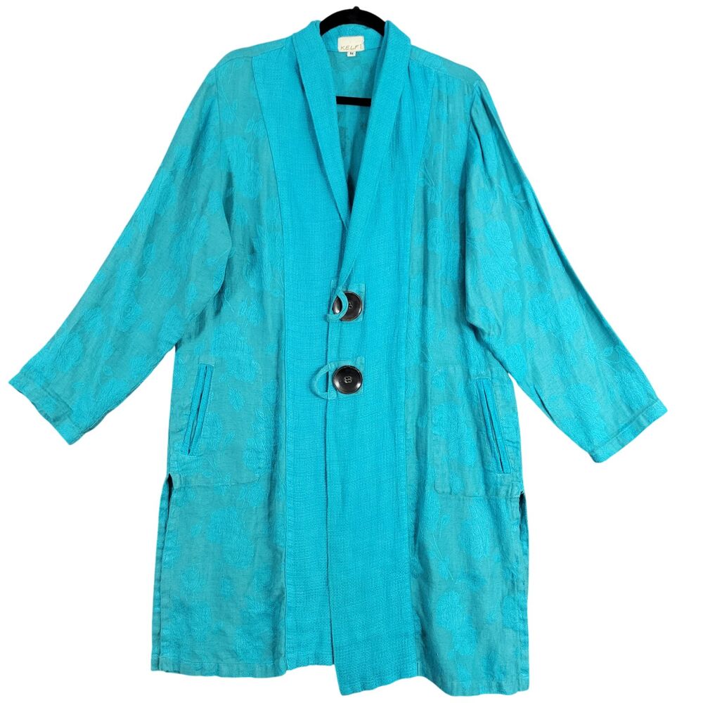 Vintage KELF Blue Linen Jacquard Jacket Artsy Lagenlook Boho USA SIZE MEDIUM